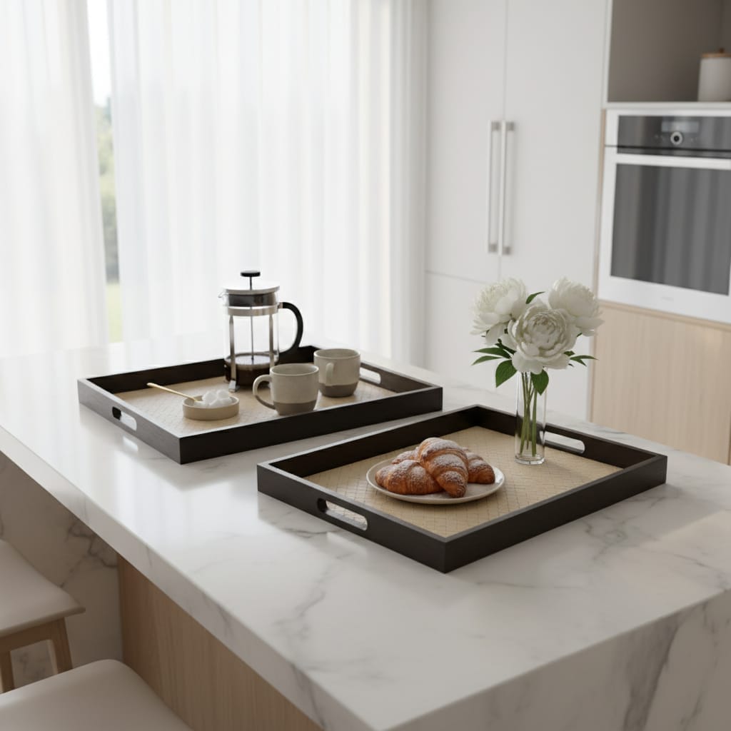 LEATHER WOOD TRAY SET KT2480