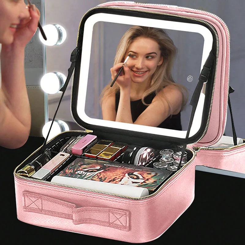 Makeup bag with mirror led