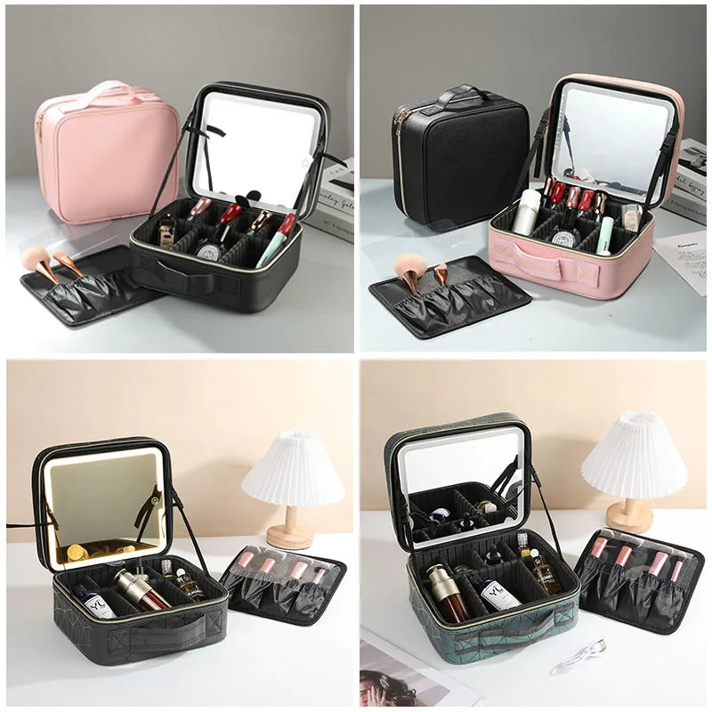 Makeup bag with mirror led