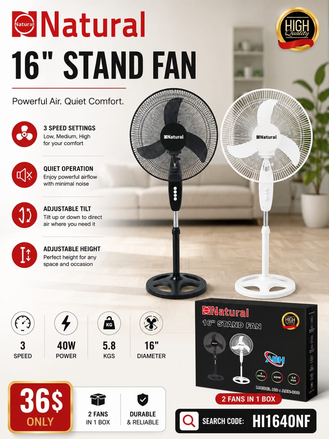 NATURAL STAND FAN 16 INCH