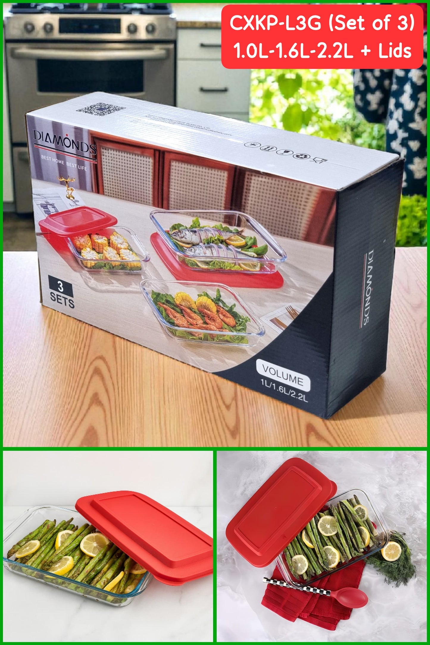 Diamond Oven Glass Tupperware 3pcs Set